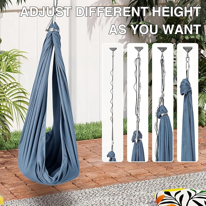 GarveeLife Double-Layer Cotton Sensory Hammock Swing for Kids & Adults, Deep Pressure Calming Therapy, 360° Swivel, Adjustable Height, Indoor Outdoor Use, 300 lbs Capacity, Haze Blue