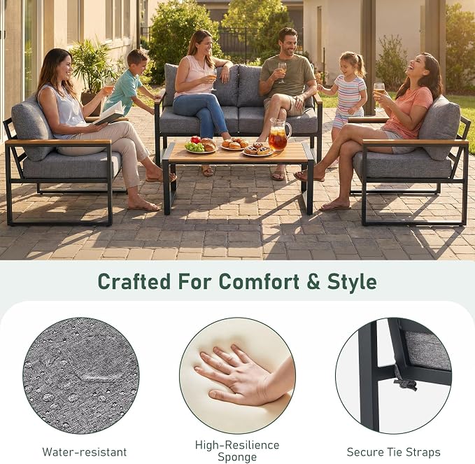 Furnimart 4-Piece Metal Patio Conversation Set, Deep Seating Outdoor Sofa with Coffee Table, Modern Small Space Furniture for Backyard, Deck, Poolside, Porch (Gray)