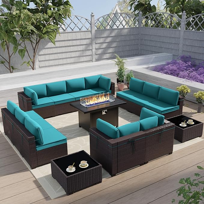 Outdoor Terrace Furniture Set, 15 Piece Outdoor Furniture Set, with 43 inch Aluminum 55004 BTU Propane fire Pit, PE Willow Vine Terrace Dialogue Set - Teal.