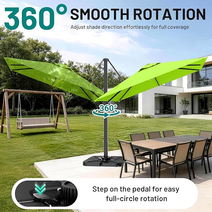 AreShark 9 × 9FT Square Cantilever Patio Umbrella with Base Included, 360° Rotation Offset Outdoor Umbrella, 5 Tilt Settings Heavy Duty Hanging Parasol for Deck Garden Pool, Apple Green