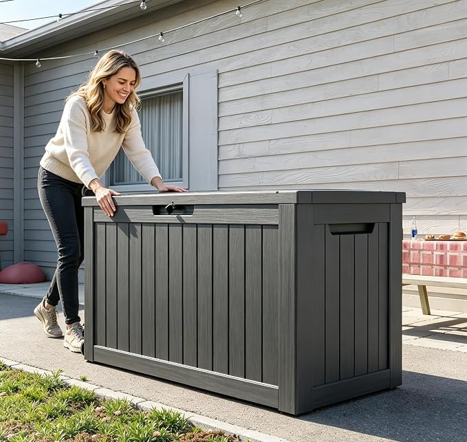 LAUSAINT HOME 90 Gallon Resin Deck Box, Package Delivery Box with Lockable Lid, Waterproof Outdoor Storage Box For Garden Tools, Patio Cushions(90 Gallon,Black)