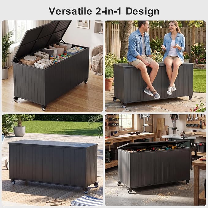 Outdoor Storage Box with Wheels 250 Gallon, Metal Deck Boxes Waterproof, UV Resistant Patio Storage Box with Lid for Patio Furniture, Garden Tools,Outdoor Cushion (Black)
