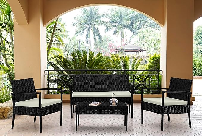 Manhattan Comfort Noli 4-Piece Patio Conversation Set, Outdoor Furniture Made of Steel Rattan | Includes 2 Modern Armchairs, Loveseat, Tempered Glass Coffee Table, Removable Waterproof Cushions, Cream