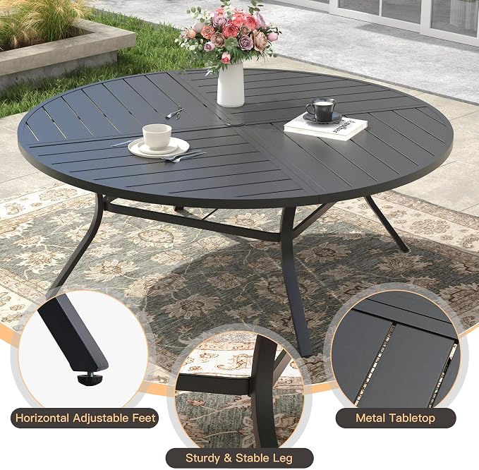 9 Pieces Patio Dining Set, 8 Outdoor Swivel Dining Chairs with 60.1" Round Metal Outdoor Dining Table with Umbrella Hole for Garden Backyard Deck, Dark Blue & Black