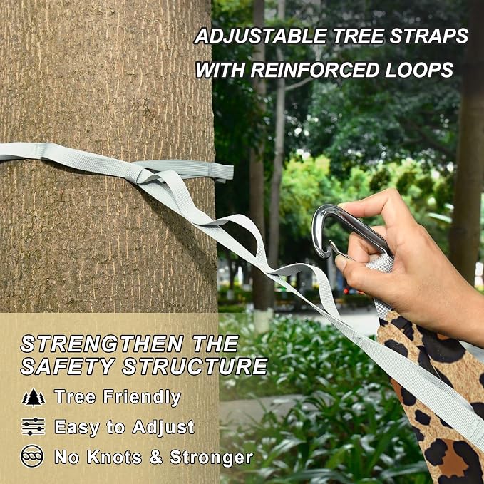 Brown Leopard Print Camping Hammock, Portable Lightweight Single Hammock with Tree Straps and Aluminum Carabiners, 114" x 54" Travel Hammock for Hiking Backpacking Beach