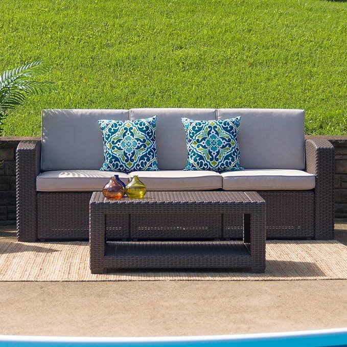 BOWERY HILL Modern Wicker Patio Coffee Table, Chocolate Brown Finish, 36.5 x 22 x 15 in, Resin Frame with Rattan Style Top, Open Shelf, Durable Outdoor Coffee Table for Patio or Deck Use