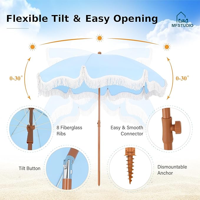 MFSTUDIO 7ft Beach Umbrella with Fringe, Tassel Umbrellas UPF50+ with Tilt Button & Crank, Holiday Outdoor Umbrella with Carry Bag, Ideal for Garden Lawn Poolside, Blue
