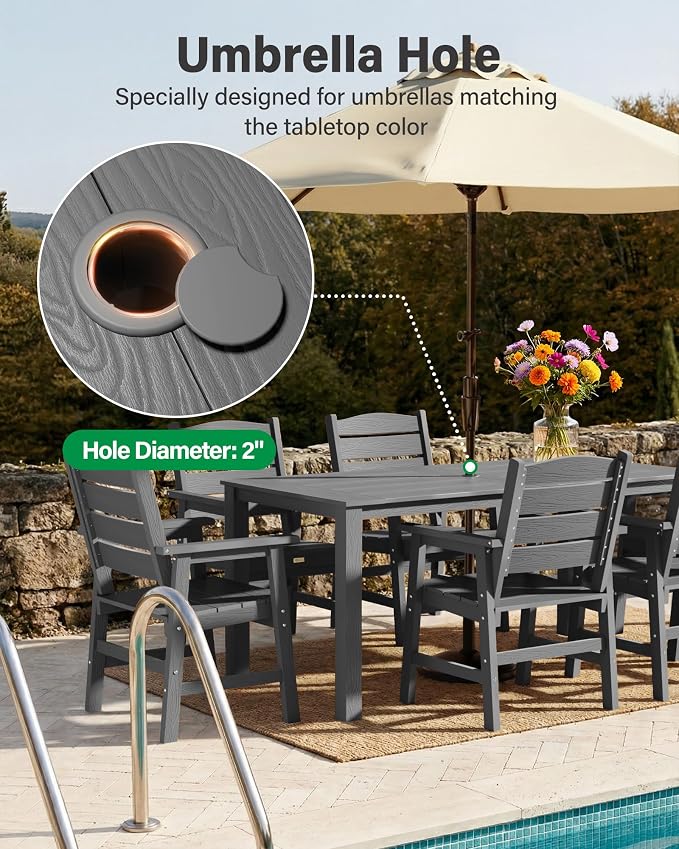 YEFU Outdoor Patio Table HIPS: 67" Rectangle Outdoor Dining Table with Umbrella Hole & Metal Aluminum Frame - All-Weather Patio Dining Table for 6 Person Modern Outside Furniture for Deck Garden Grey