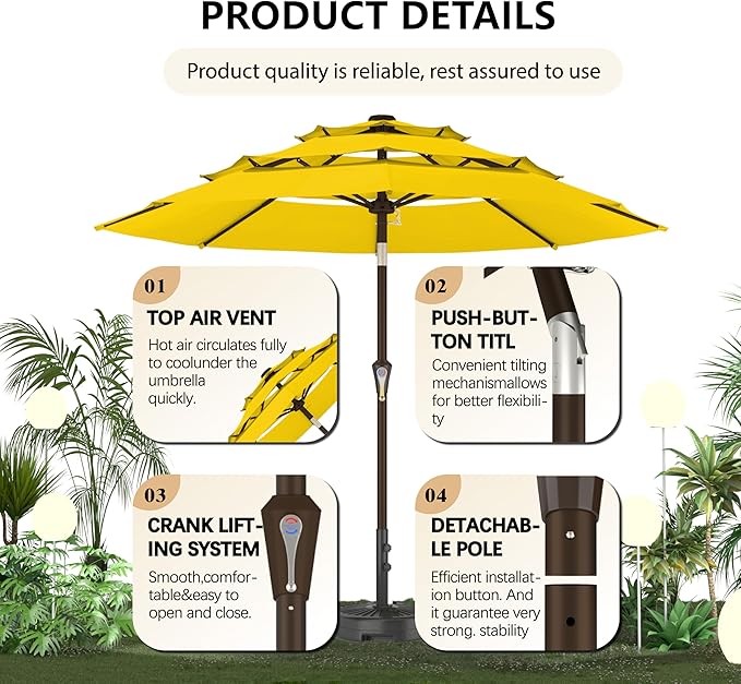 Ayge 9FT 3-Tier Large Outdoor Patio Umbrella Market Table Umbrella-UV Resistant,Easy Push Button Tilt and Crank,8 Sturdy Fiberglass Ribs Heavy-Duty Pool Umbrella for Deck,Backyard,Garden,Yard,Yellow