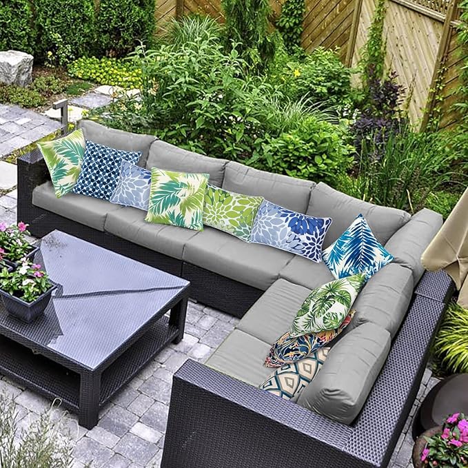 JMGBird Outdoor Lumbar Pillows 2-Pack Waterproof 12x20 Throw Pillows with Inserts - Blue & White Space Pattern UV Fade Resistant Patio Cushions
