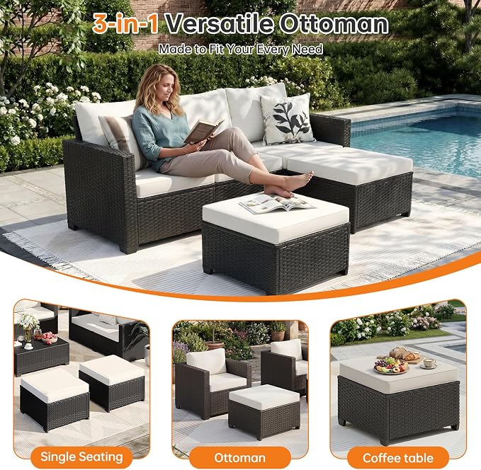 LazySunsets 7-Piece Outdoor Patio Furniture Set, Rattan Outdoor Sectional with Thick Waterproof Cushions, Wicker Ottomans & Waterproof Cover, Patio Conversation Set for Garden, Backyard, Beige