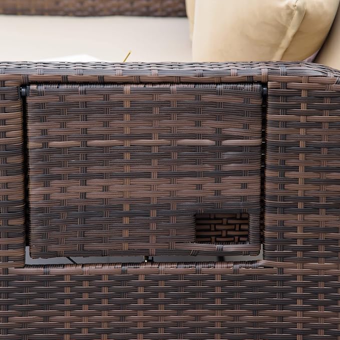 Outsunny Patio Rattan Daybed with Cushions, Wicker Outdoor Bed Lounger w/Loveseat, Storage Ottoman, Coffee & Side Tables, for Poolside, Porch, Backyard, Beige