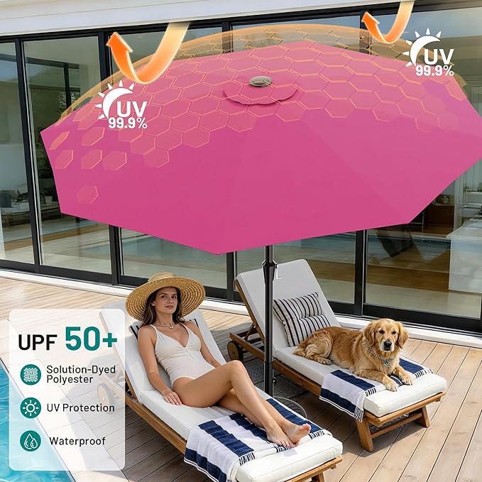 AreShark 10 FT Outdoor Patio Umbrella, Patio Table Umbrella with Push Button Tilt and Crank, Outdoor Patio Umbrellas with 8 Fiberglass Ribs, Patio Umbrellas for Market, Garden, Pool (Rose Pink)