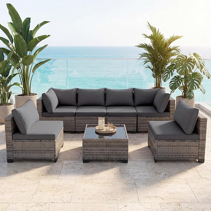 7 Pieces Outdoor Wicker Rattan Patio Furniture Sectional Set, Patio Conversation Set with Cushions & Coffee Table, All Weather PE Rattan Patio Sofa with Tea Table for Backyard Porch Garden (Grey)