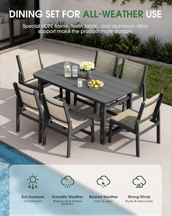 HDPE Outdoor Patio Dining Set with Table & 6 Stackable Armless Textilene Chairs, All-Weather 7-Piece Dining Table Set with Umbrella Hole, Patio Furniture for Garden, Poolside, Backyard, Deck | Grey