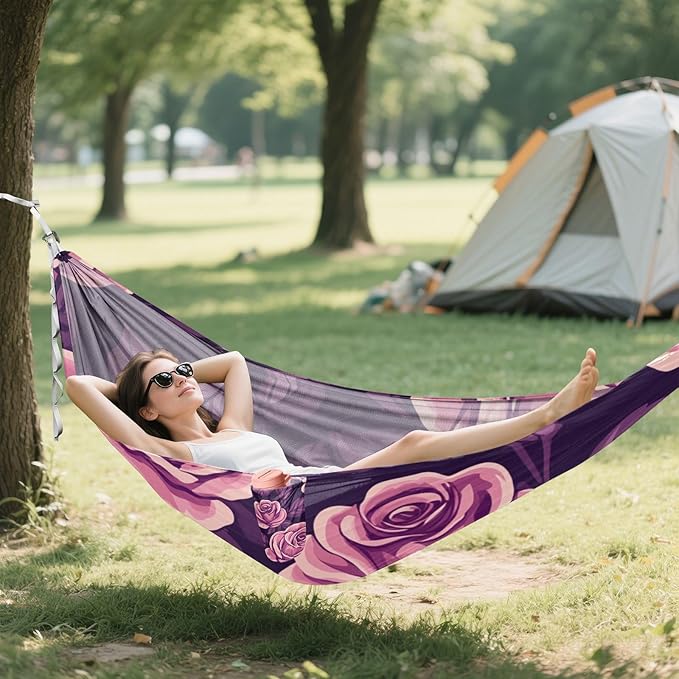 Purple Roses Blooms Camping Hammocks Rope Hammock for Patio Backyard Lounge Base