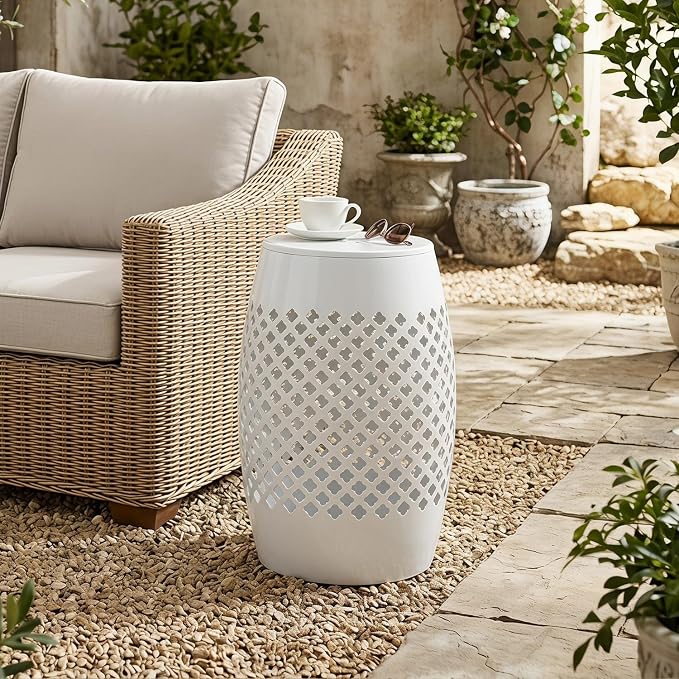 12" Outdoor Side Table, Metal Cutout Drum Side Table, Patio Garden Stool | Coffee End Tables for Small Spaces, Living Room, Backyard, Poolside