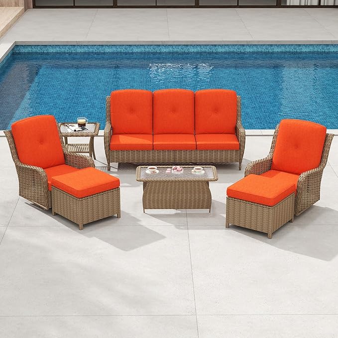 kinbor Outdoor Sectional Furniture - Outdoor Patio Conversation Sets, 7 Pieces Outdoor Sectional Sofas with Swivel Rocking Chair, Brown Wicker Rattan Patio Furniture Set, Orange
