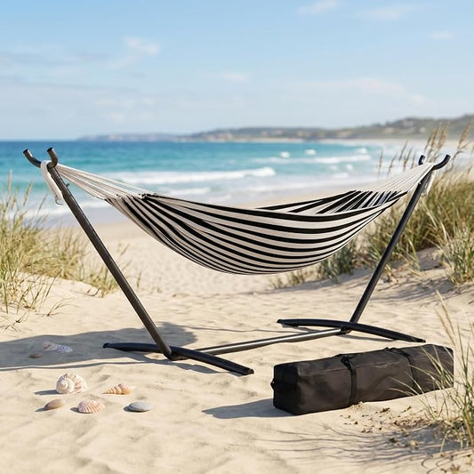 Hammock with Stand for Outside, Upgraded Carrying Case，Easy Assembly, Portable Space Saving Heavy-Duty Steel Frame，Perfect for Outdoor & Indoor,Black