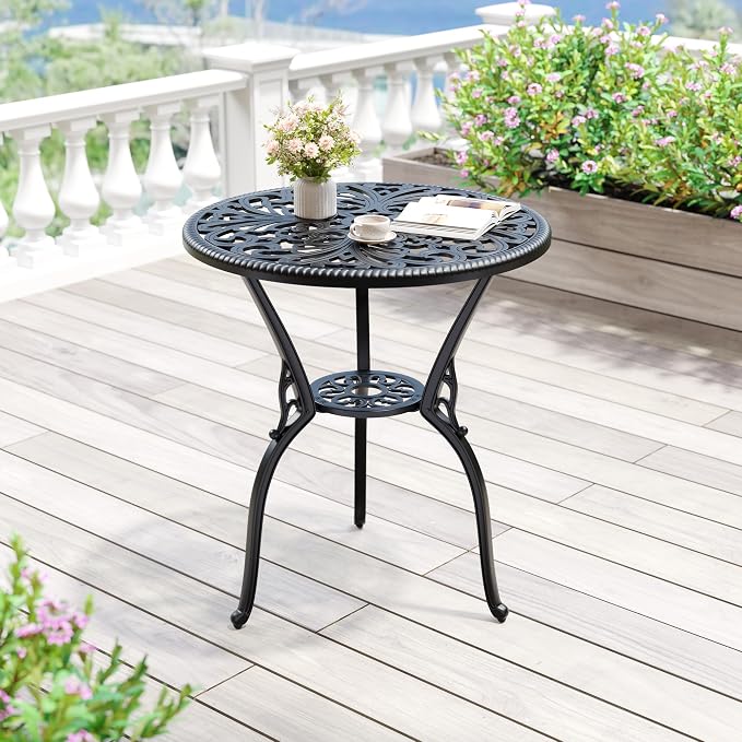 Garvee 23" Round Patio Dining Table with Umbrella Hole,Antique Cast Aluminum Outdoor Bistro Table,Umbrella Table,Side Table,End Table,Outdoor Furniture for Backyard,Garden,Patio,Porch,Black
