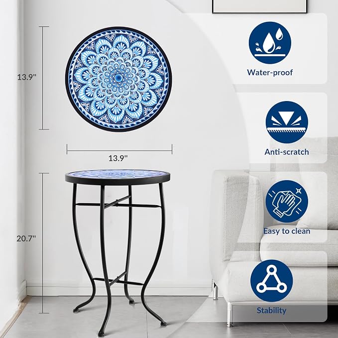Elevon 14 Inch Round Side Ceramic Tile Top Indoor and Outdoor Accent Table, Greek