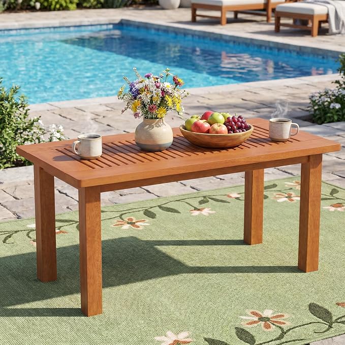Tangkula 35.5 Inch Outdoor Coffee Table, Modern Rectangular Patio Table with Slatted Top, Teak Oil Finish, Solid Wood Coffee Table for Deck, Garden, Backyard, Indoor & Outdoor Use