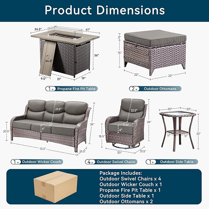Luxury Patio Furniture Set with Fire Pit Table-10 Pieces All Weather Outdoor Swivel Rocker Chairs with Sofa and Ottomans. Outdoors Patio Conversation Sets for Porch Deck Garden(Brown/Grey)