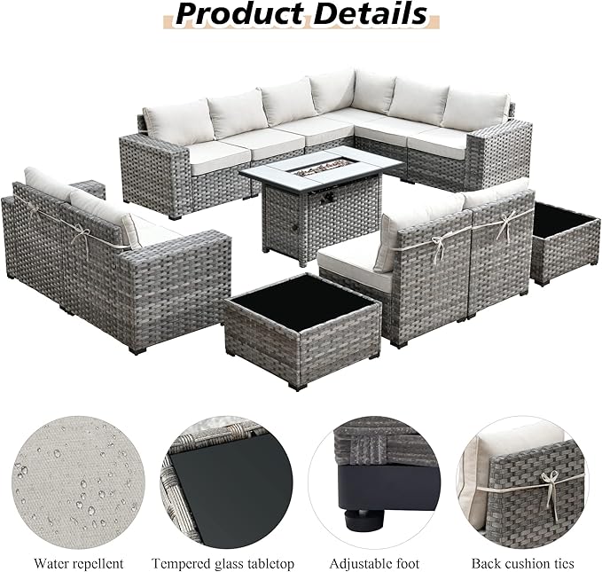 HOOOWOOO Outdoor Patio Sectional Furniture Sofa Set with Propane Fire Pit Table,13 Piece Large Modern Wicker Couch with Widened Armrest,Modular L Shaped Conversation Seating Set(Beige Tan)