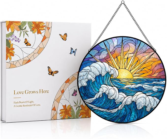 Statement Deluxe Bundle | Stained Glass Window Hanging, Ocean Sunrise 3D Embossed Diamond Glass Suncatcher, 7-Piece Coastal Gift Set with Crystal Pendant & Invisible Hooks