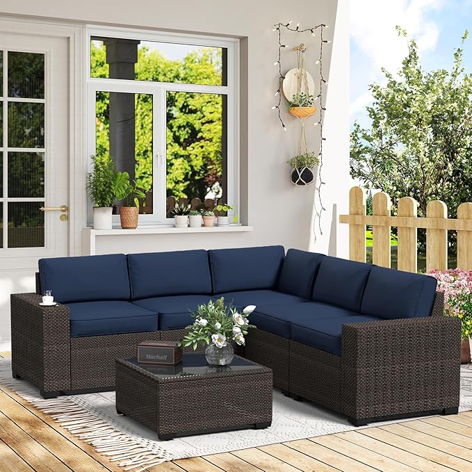 SHGJ&SOFT 6pcs Outdoor Patio Furniture Set, Waterproof Wicker Outdoor Sectional Couch with Thick Cushions, All-Weather Rattan Sectional Sofa (Dark Blue 1, 6 pcs)