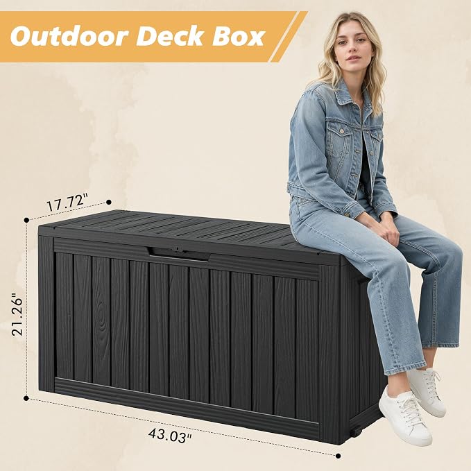 Fancyango 75 Gallon Outdoor Deck Box Waterproof, Large Storage Box for Patio, Resin Storage Bench Lockable for Garden Tools, Package Delivery, Black
