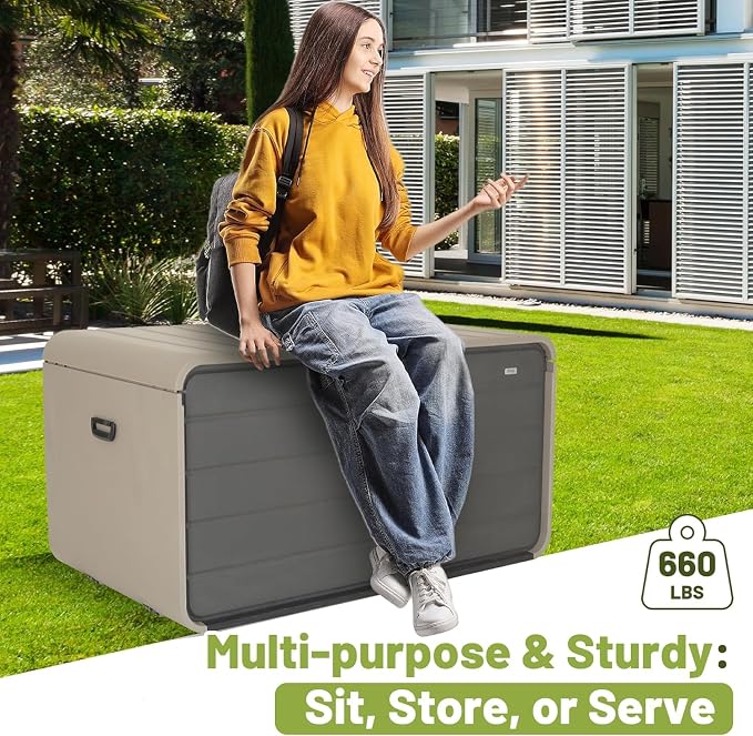 160-Gallon Heavy-Duty Resin Outdoor Storage Box–Large Deck Boxes Outdoor Waterproof,UV-Resistant Cabinet for Patio Furniture,Tools & Pool Supplies, Lockable, Hydraulic Lid(Multi-Purpose Bench/Table)