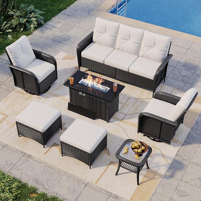 Aoxun 7-Piece Patio Furniture Set with 44” Fire Pit Table, Wicker Rattan Outdoor Sectional Sofa with High Back Swivel Rocker Chairs, Outdoor Patio Furniture Set with Thick Cushions & Ottoman, Beige