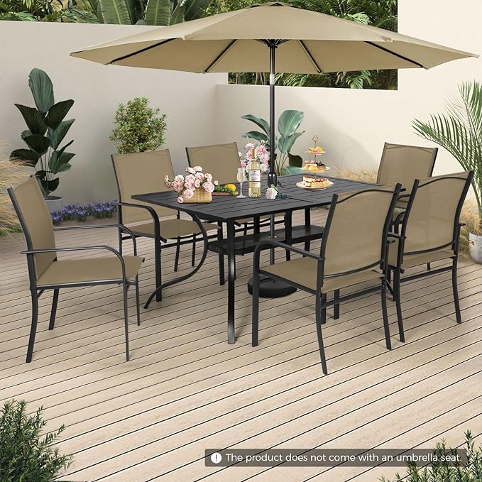 Incbruce 8 Pieces Patio Dining Set with Brown Umbrella, Outdoor Dining Set of 6 Textilene Chairs and Rectangle Table with Umbrella Hole for Backyard, Garden, and Poolside (Brown)