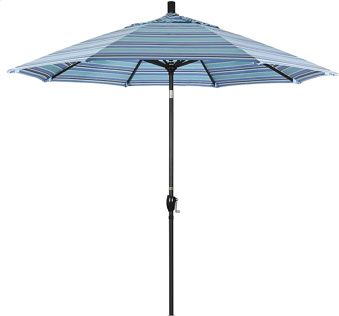 California Umbrella 9' Round Aluminum Market Umbrella, Crank Lift, Push Button Tilt, Black Pole, Sunbrella Dolce Oasis