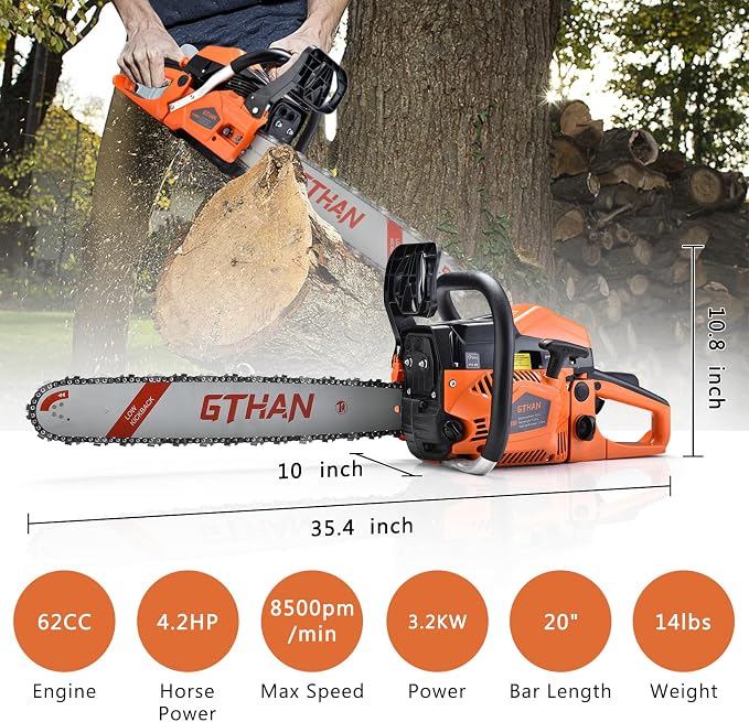 62cc Gas Powered Chainsaw 2-Cycle 20-Inch Gasoline Chain Saw with Guide Bar for Tree Cutting, Firewood, Yard, Garden and Farm Work