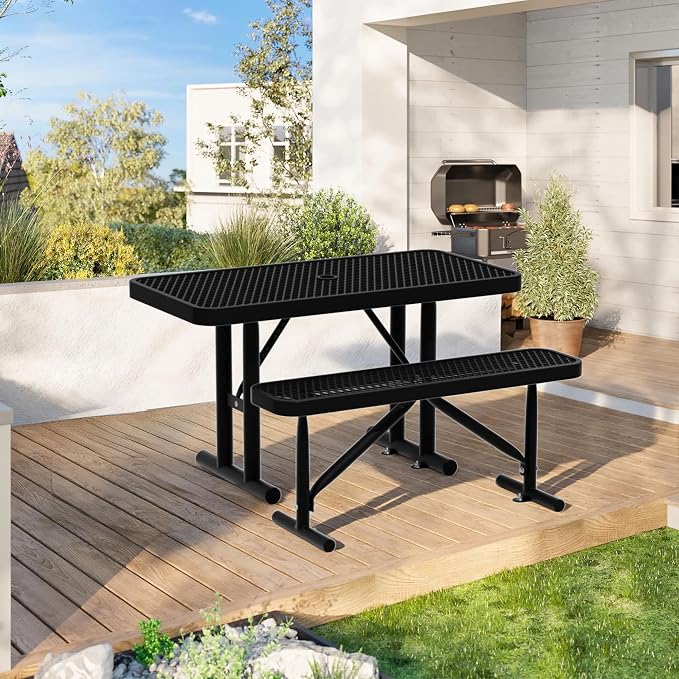 6FT Picnic Tables for Outdoors, Black Rectangular Heavy Duty Commercial Picnic Table with Umbrella Hole, Weather-Resistant Camping Table Dining Table for Backyard, Patio, Garden, Shops, Parks