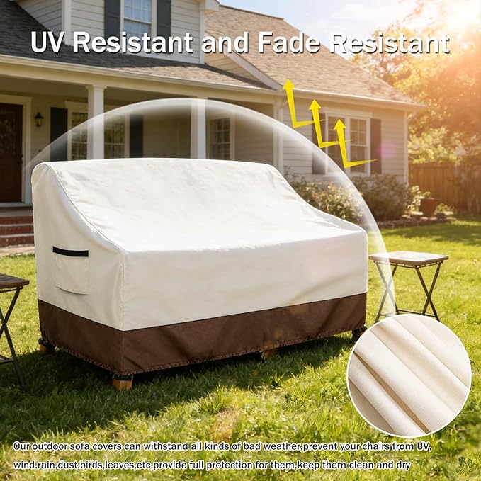 Waterproof Patio Sofa Cover, Heavy Duty 2-Seater Outdoor Couch Cover Size Up to 60W x 30D x 30H Inches, Lawn Patio Furniture Covers with Air Vent (Beige)