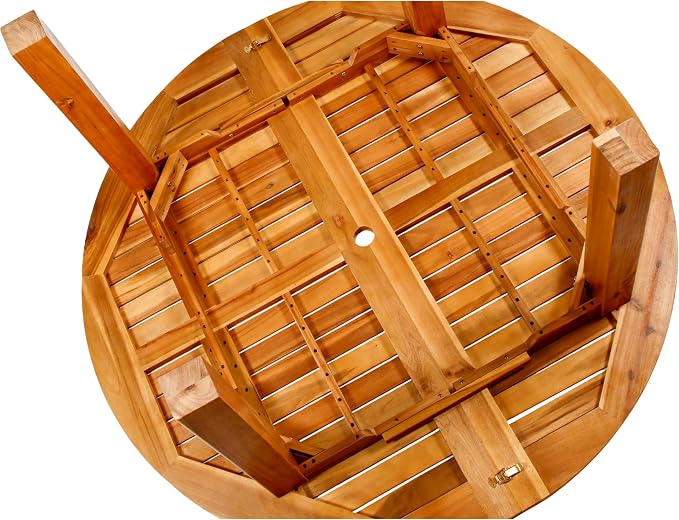 Patio Wise Round Acacia Wood Patio Table, Indoor/Outdoor Wooden Dining Tables, Deck, Balcony, & Porch Furniture, 57-Inches Long x 57" Wide x 29 ½ -Inches High with 2-Inch Umbrella Hole, Teak