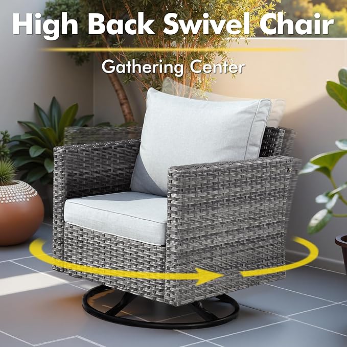 11 Piece Outdoor Patio Furniture Set with 46" Fire Pit Table, Wicker Sectional Conversation Set Whit Swivel Chairs,Modern Outside Sofa for Balcony Backyard(Gray)