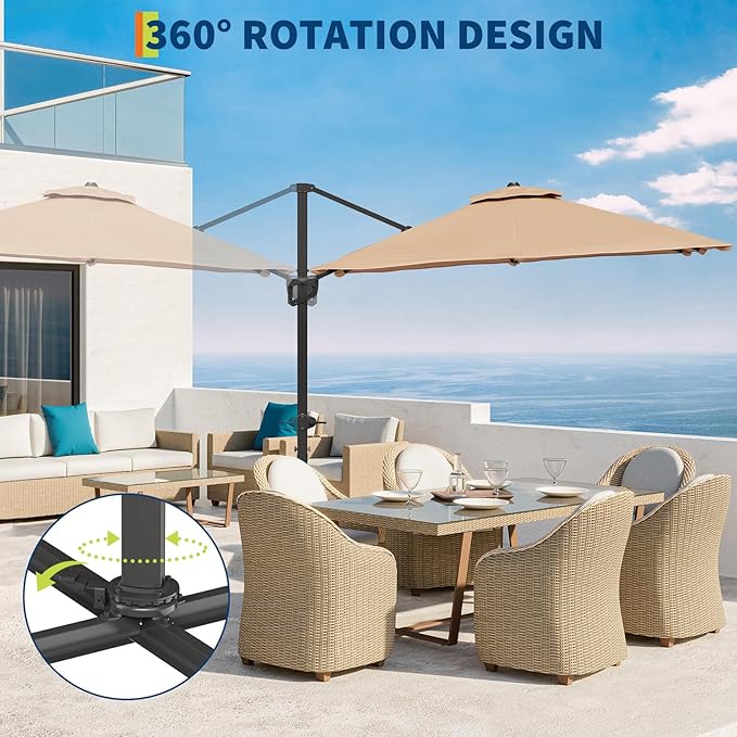 10x10 ft Double Roof Square Cantilever Patio Umbrella with Solar LED Lights & Cross Base – 360° Rotation, Heavy-Duty Sun Shade with Easy Tilt for Backyard, Poolside, and Garden Use, Navy Blue