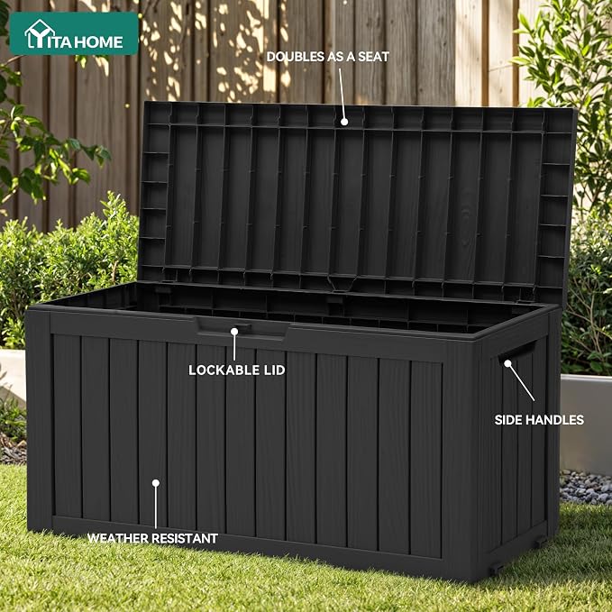 YITAHOME 72 Gallon Outdoor Storage Box w/Wheels, Resin Deck Box Indoor & Outdoor Patio Storage Box for Throw Pillows, Athletic Gear(Black)