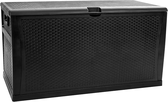 Merrick Lane Outdoor Storage Container - 120 Gallon Capacity - Black Weather Resistant Plastic - UV Treated to Prevent Fading - Chest Design with Hinged Lid