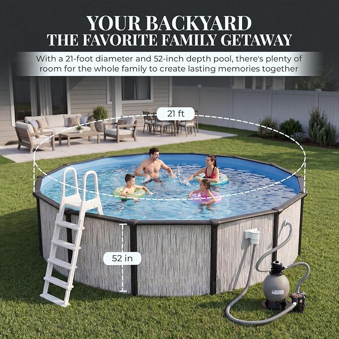 Blue Wave Sevilla 21-ft Round 52-in Deep Hard Sided Steel Frame Above Ground Pool with 6-in Steel Top Seats, Dual-Speed Sand Filter System, Ladder, Skimmer & Liner – 9,900-Gallon Cap for Family Use