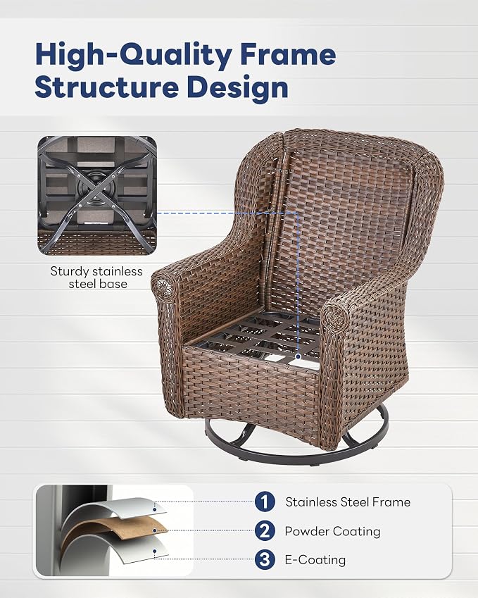Patio Swivel Chairs Set of 2-High Back Swivel Rocker Outdoor Chair Patio Chair for Deck Porch Lawn Garden Backyard-Brown/Grey