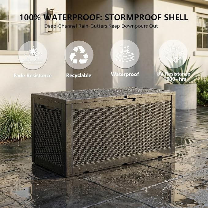Outdoor Storage Box, 110 Gallon Waterproof Deck Box [Upgraded 3.0], Auto-Open Gas Struts Resin Organizer for Lounger Pillows, Secure Lockable Backyard Storage Bench, Poolside Deck, Black