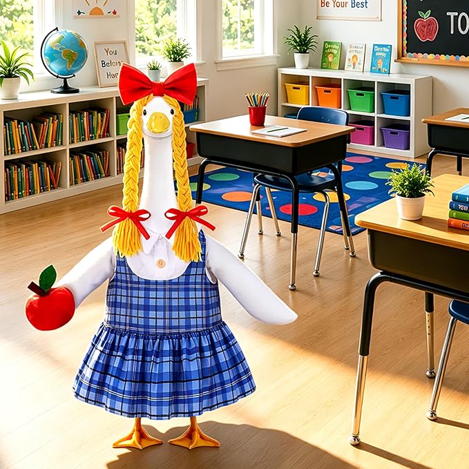 Celltestria Back to School Goose Outfits Porch Goose Costume with Apple Blue Grid Goose Clothes for 23" Geese School Outdoor Patio Yard Lawn Garden Art Decoration