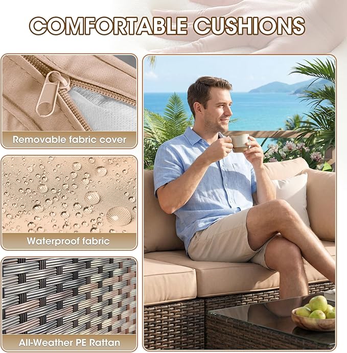 Grezone 7 Piece Patio Furniture Set with 44" Fire Pit Table, Outdoor Sectional Couch, PE Rattan Patio Conversation Sets with 4inch Cushions for Backyard Beige