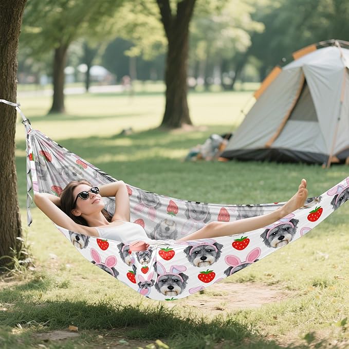 Camping Hammock Outdoor Hammocks for Outside Schnauzer Strawberry Cute Beach Trees Portable Lightweight with Pockets Tree Straps Indoor