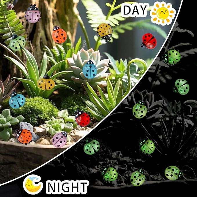 100 Pieces Mini Resin Ladybug Flatback Charms with Storage Box, Multicolor | Glow-in-the-Dark, Waterproof, Fade Resistant, Ideal for Fairy Gardens, DIY Craft, Home Decor, Mini Micro Landscape Ornaments